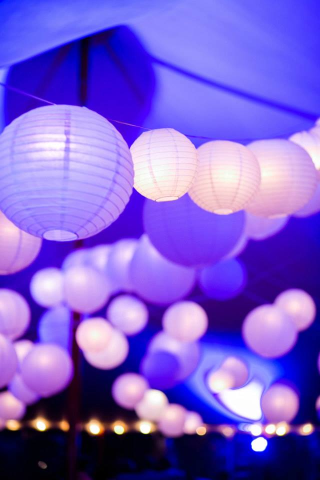 Malloy Weddings | New England wedding lighting | Blue LED lighting with full paper lantern wedding lighting installation, ViewPoint Hotel, York Maine