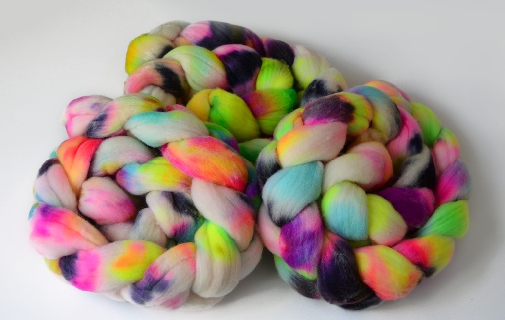 Hand dyed Organic Polwarth and Merino Wool Top / Roving Braids - Neon - 222 Handspun