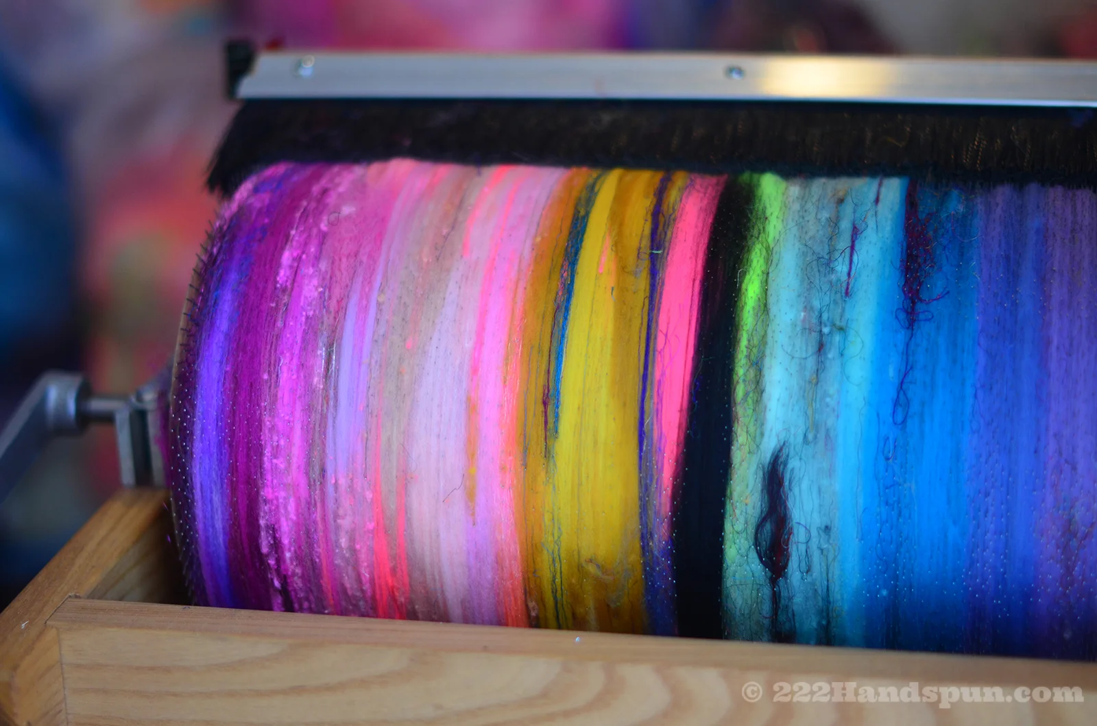 Drum carding an art batt on a Strauch Mad Batt'r double wide drum carder - 222Handspun.com