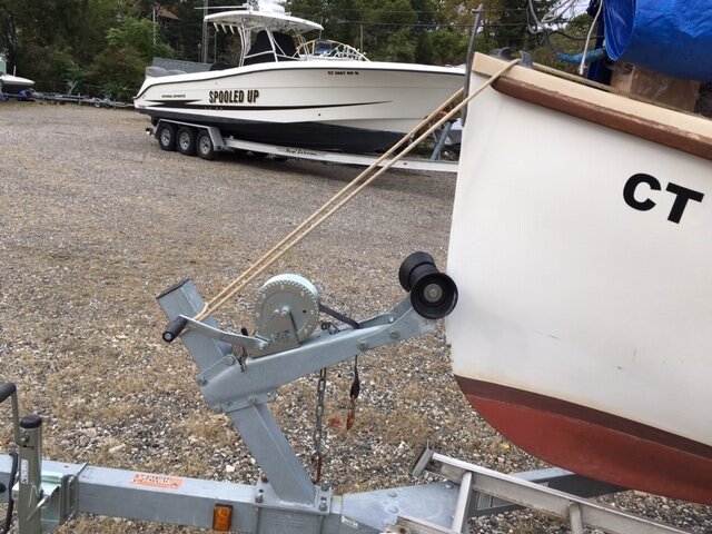 8a. Cat Boat Violeta-Bow on Trailer.JPG