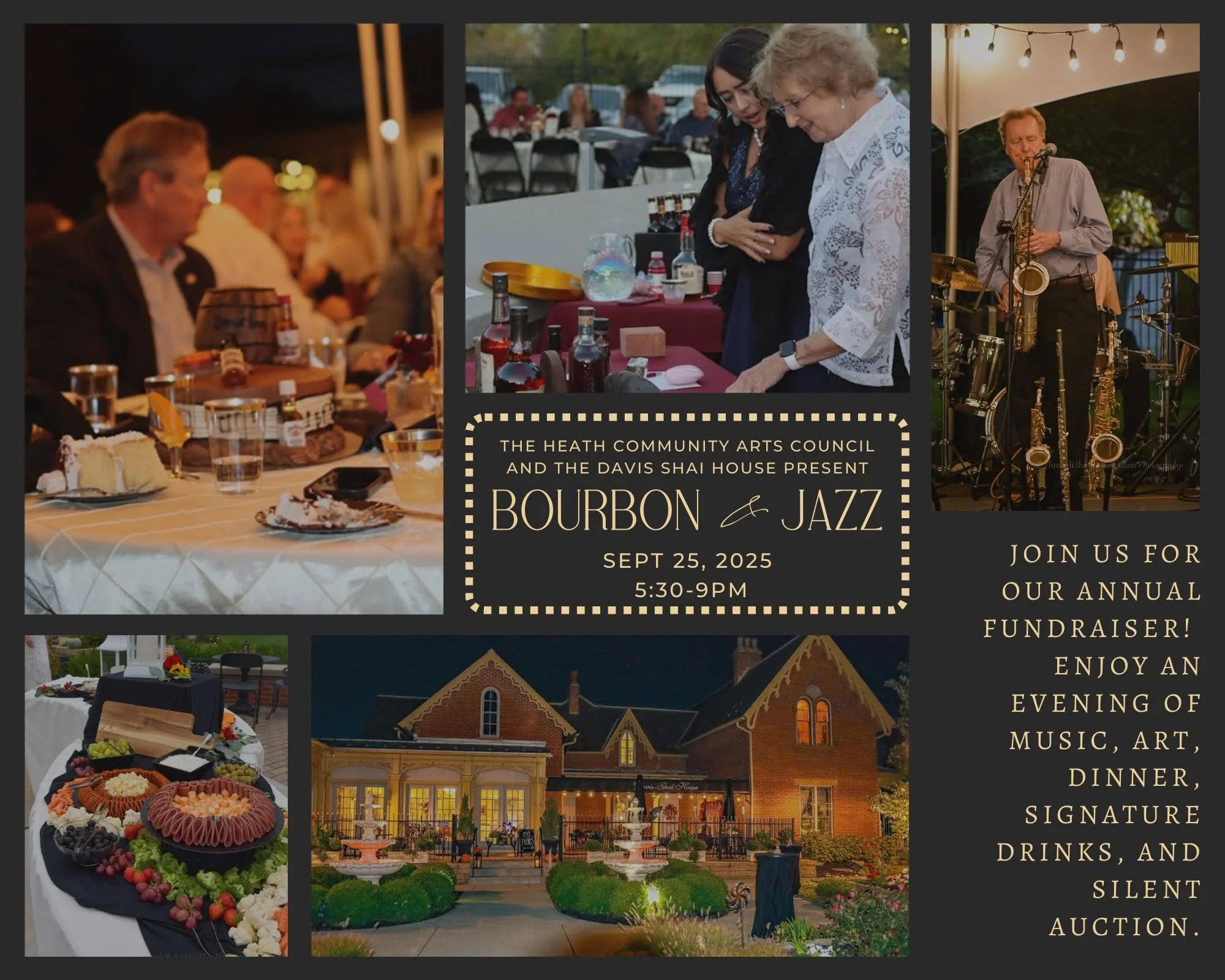 A collage of images featuring a dinner event at a historic building, with a setting sun and outdoor evening ambiance, includes a table of desserts, people socializing, and a man playing saxophone on stage.