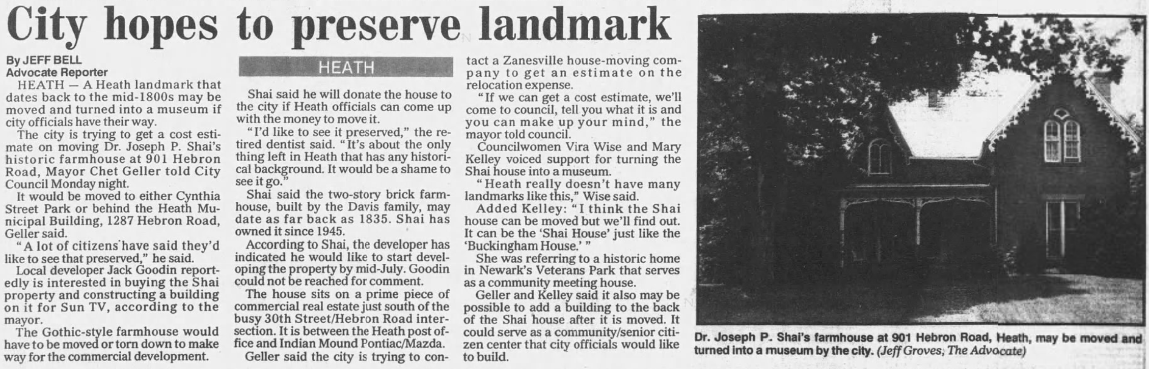 The Newark Advocate June 6, 1995 Heath City hopes to preserve Davis-Shai House historic landmark