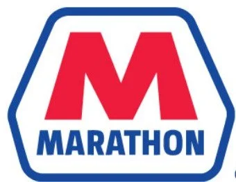 Marathon logo with a red 'M' and the word 'MARATHON' in blue underneath, enclosed in a blue and white hexagonal border.