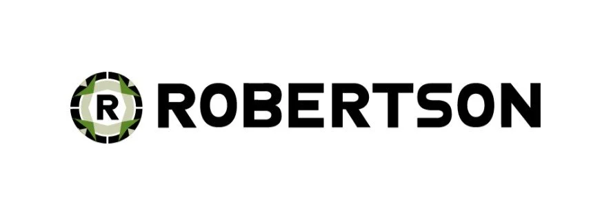 Logo with a circular emblem containing the letter R and green elements, next to the bold black text 'ROBERTSON'