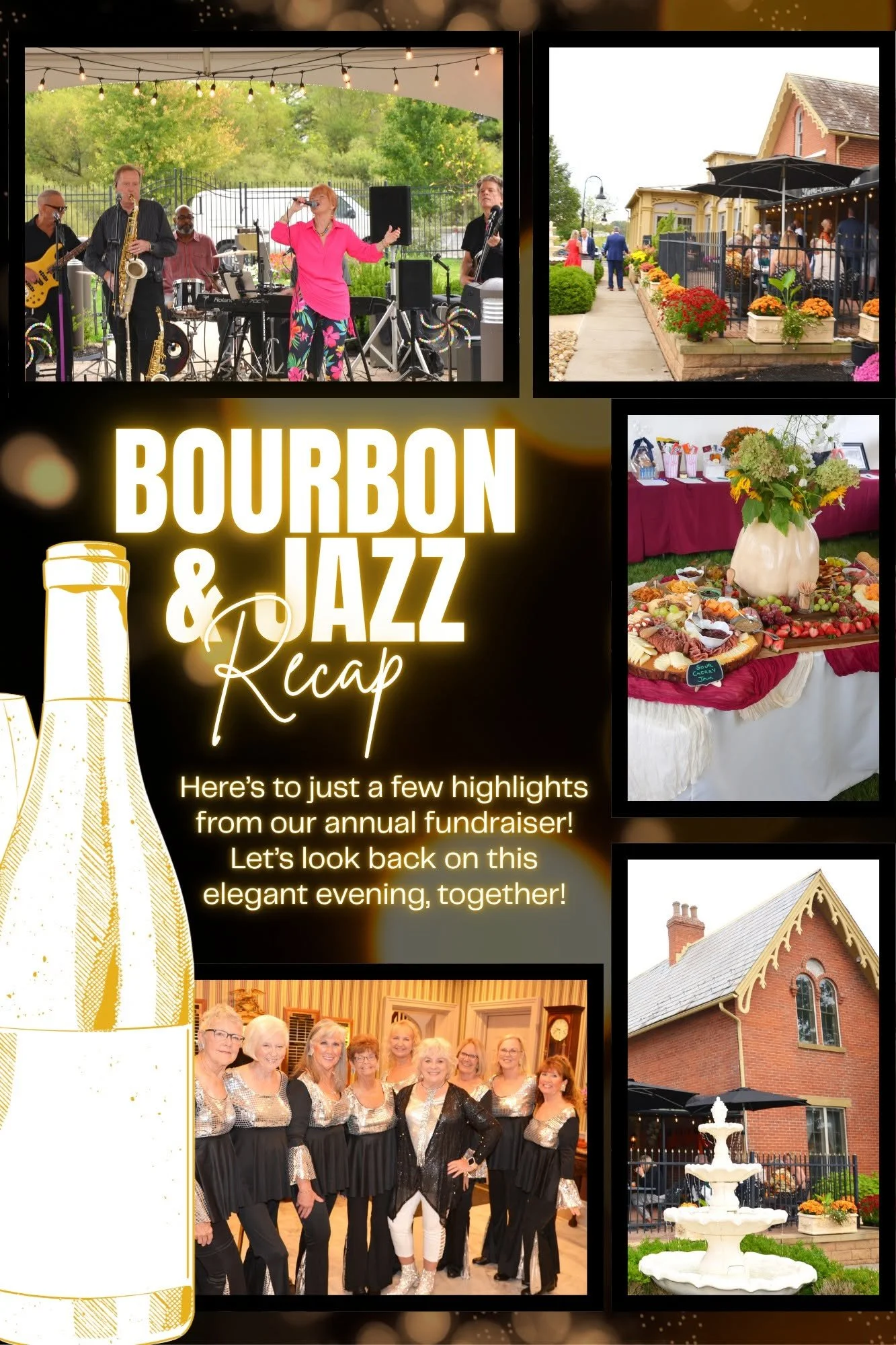 Flyer for Bourbon & Jazz featuring photos of a jazz band performing outdoors, a dinner setup with flowers, and a historic building with a fountain outside. This annual Fundraiser supports Heath's Art and Cultural Event Center, The Davis-Shai House.
