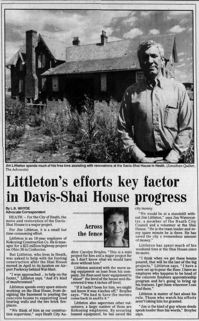 The Newark Advocate November 22nd, 1996 article discussing Jim Littleton's efforts to preserve the Davis-Shai House in Heath, Ohio.