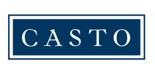 A rectangular logo with a dark blue background and white border, displaying the word 'CASTO' in white capital letters.