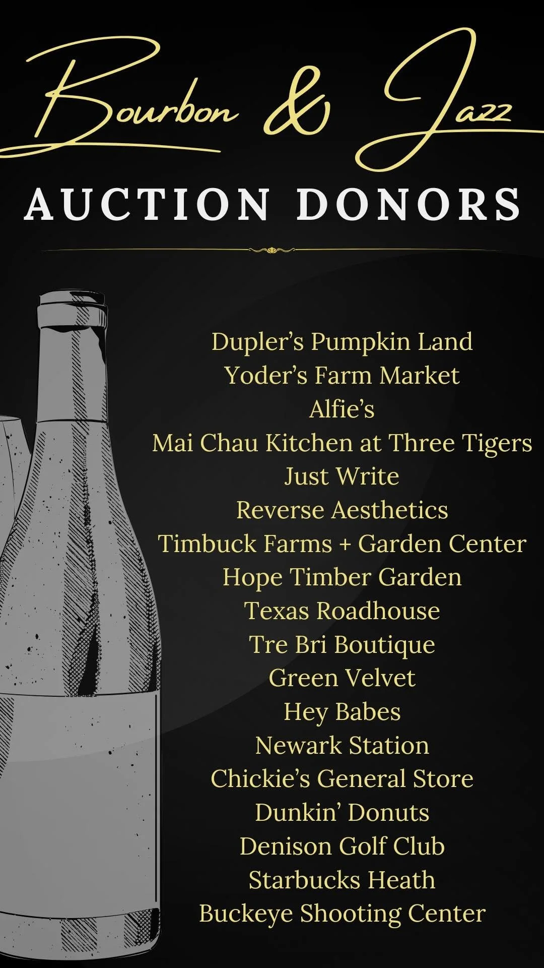 Black and gold poster for bourbon and jazz auction donors, with illustrations of bourbon bottles and a list of donor names.