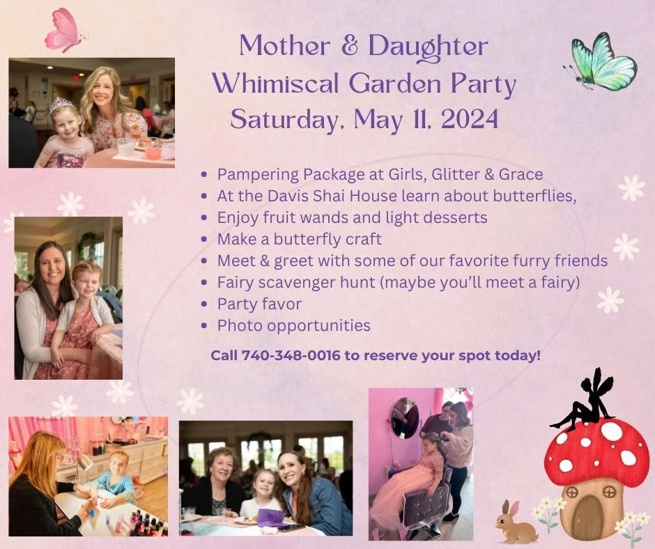 Pink flyer for a Mother & Daughter Whimsical Garden Party on Saturday, May 11, 2024, featuring photos of girls and women at a party, with butterfly and fairy illustrations, flowers, and a mushroom with a fairy.
