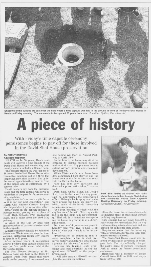 The Newark Advocate July 4th, 1998 article about the Davis-Shai House's first offical event after the move and renovation and the time capsule that was buried.