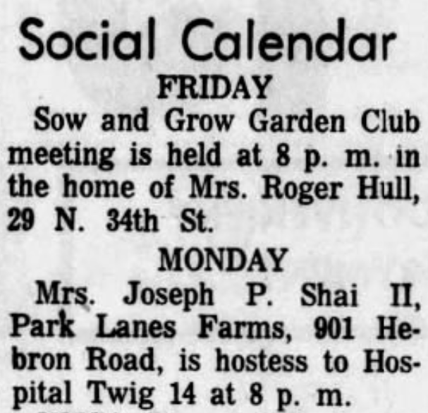 The Newark Advocate Social Calendar November 22, 1963 - Mrs Joseph P. Shai II hosts Hospital Twig