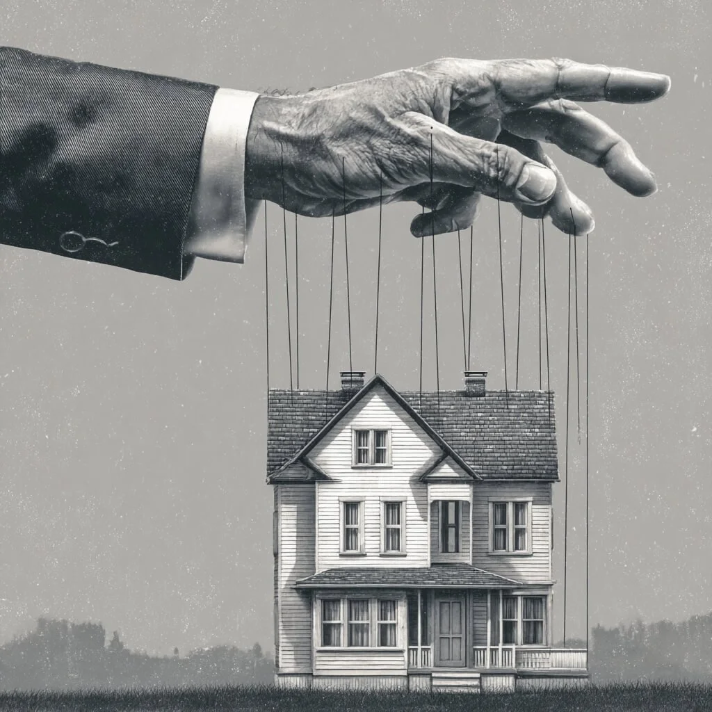 Cartoon illustration of a hand controlling puppet strings, representing how private listings and off-market homes can influence buyer access and real estate transactions