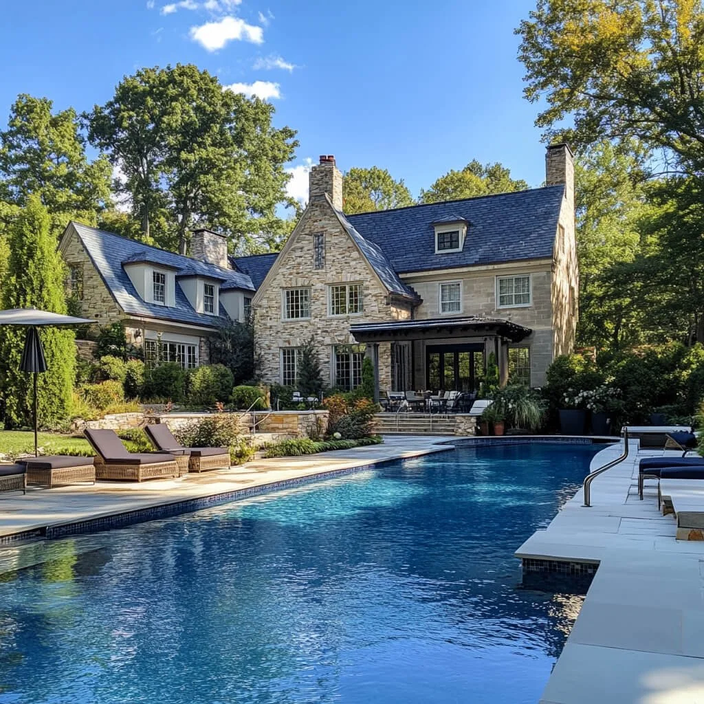 Stone home with backyard pool representing homes buyers can find in Washington DC, Maryland, and Northern Virginia