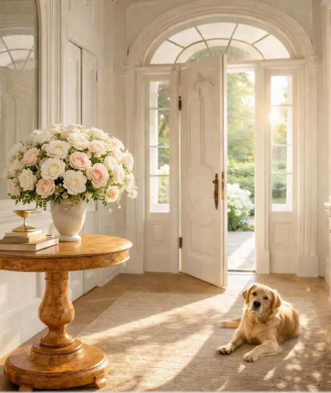 Yellow lab sitting in the sunlit foyer of a beautiful home with roses on the entry table and a summer garden outside in Washington DC, Maryland, and Northern Virginia