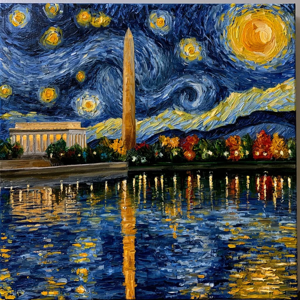 Van Gogh-inspired painting of the Washington Monument and Washington, DC skyline symbolizing trusted buyer representation and five-star homebuying experiences in the DMV.