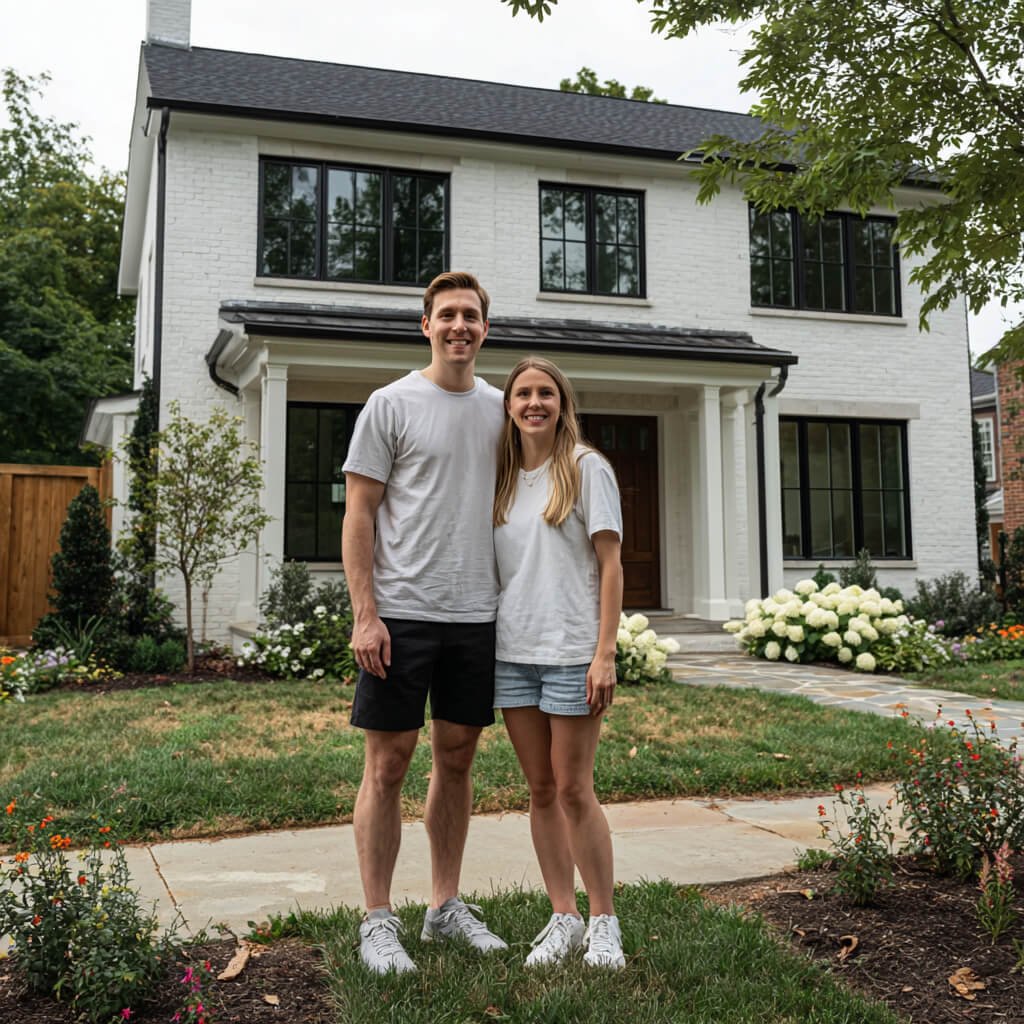 Young homebuyers standing in front of a newly purchased house, representing equal access to homeownership and fair housing protections in Washington DC, Maryland, and Northern Virginia.