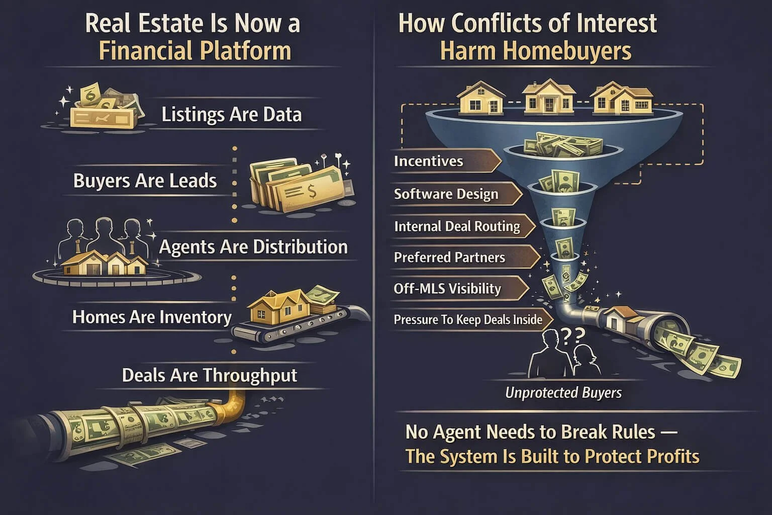 Infographic showing real estate as a financial platform and how conflicts of interest harm homebuyers.