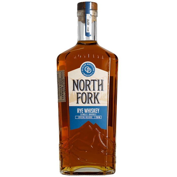 Bottle of North Fork Rye Whiskey with blue label no background