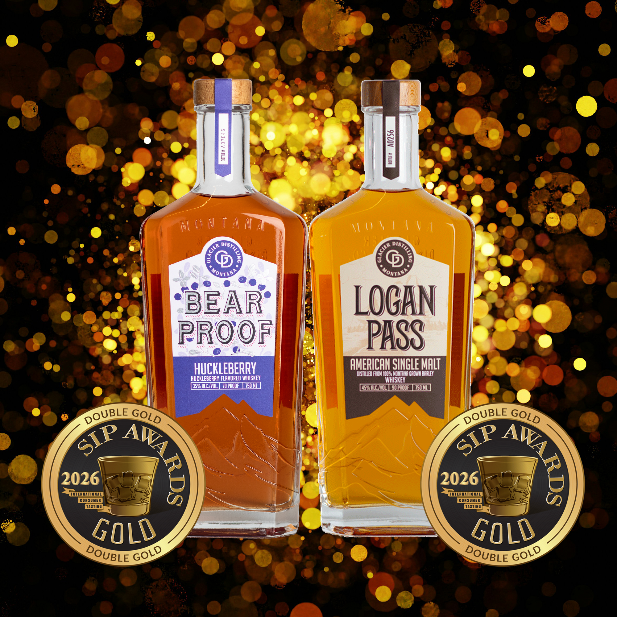 bearproof bottle and logan pass bottle with gold background