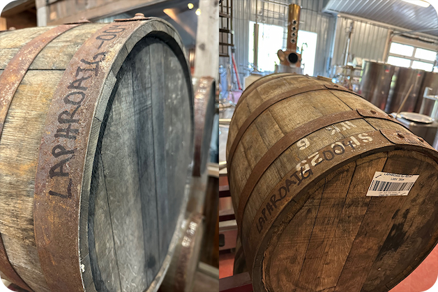 Laphroaig barrels being used to finish whiskey in Glacier Distilling.