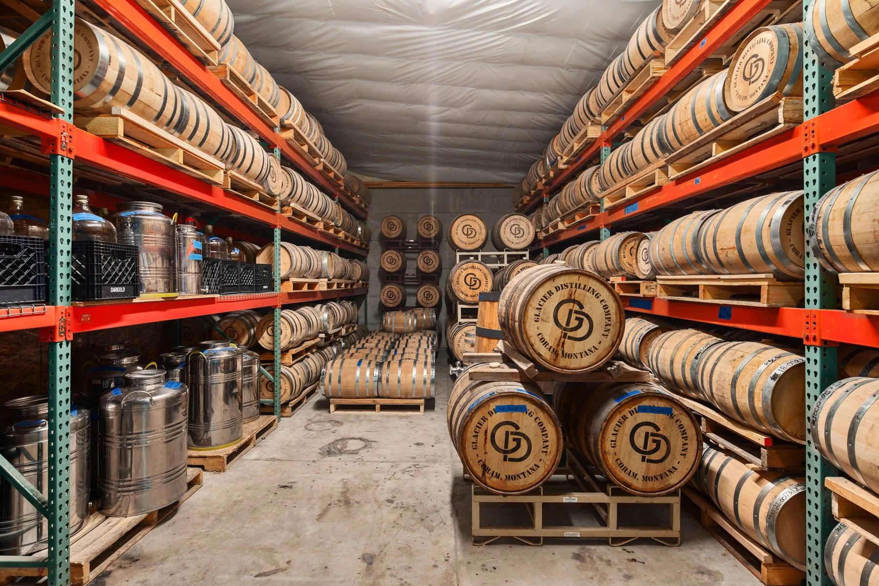 view of Glacier Distilling barrels in resting area.