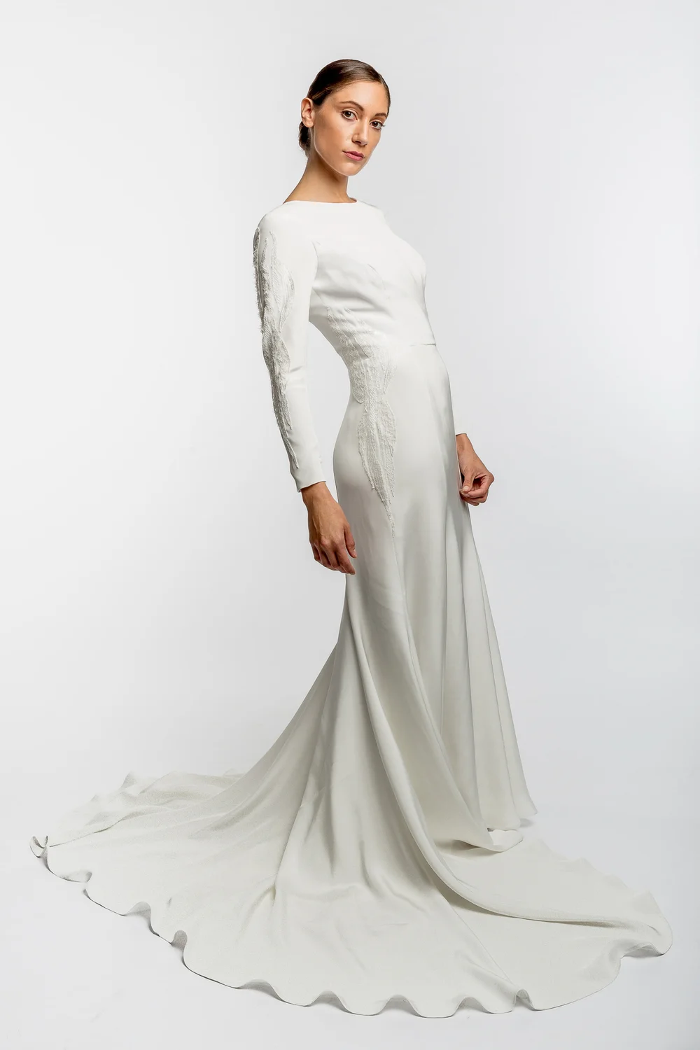 ivory wedding dress lace A Line V neck Long Sleeve Ivory Wedding Dress Boho Lace Custom Wedding –  SELINADRESS main image 1