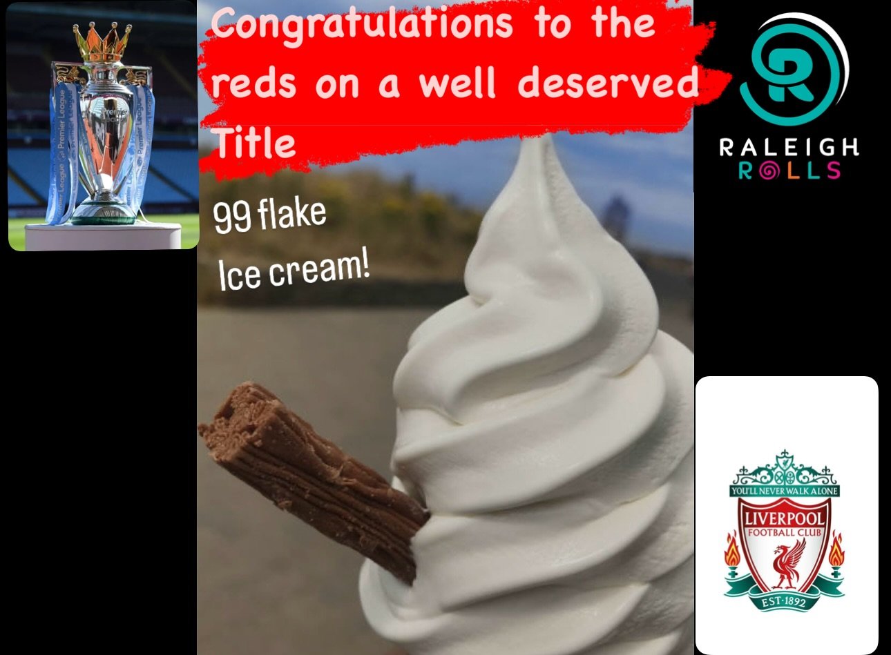 Congratulations to the reds on a well deserved title! We are a huge fans of Liverpool soccer team and even bigger fans of English traditional ice cream. Come celebrate with us today ❤️❤️🏆🏆#liverpool #soccer #premierleauge #99flake #cadbury #icecrea
