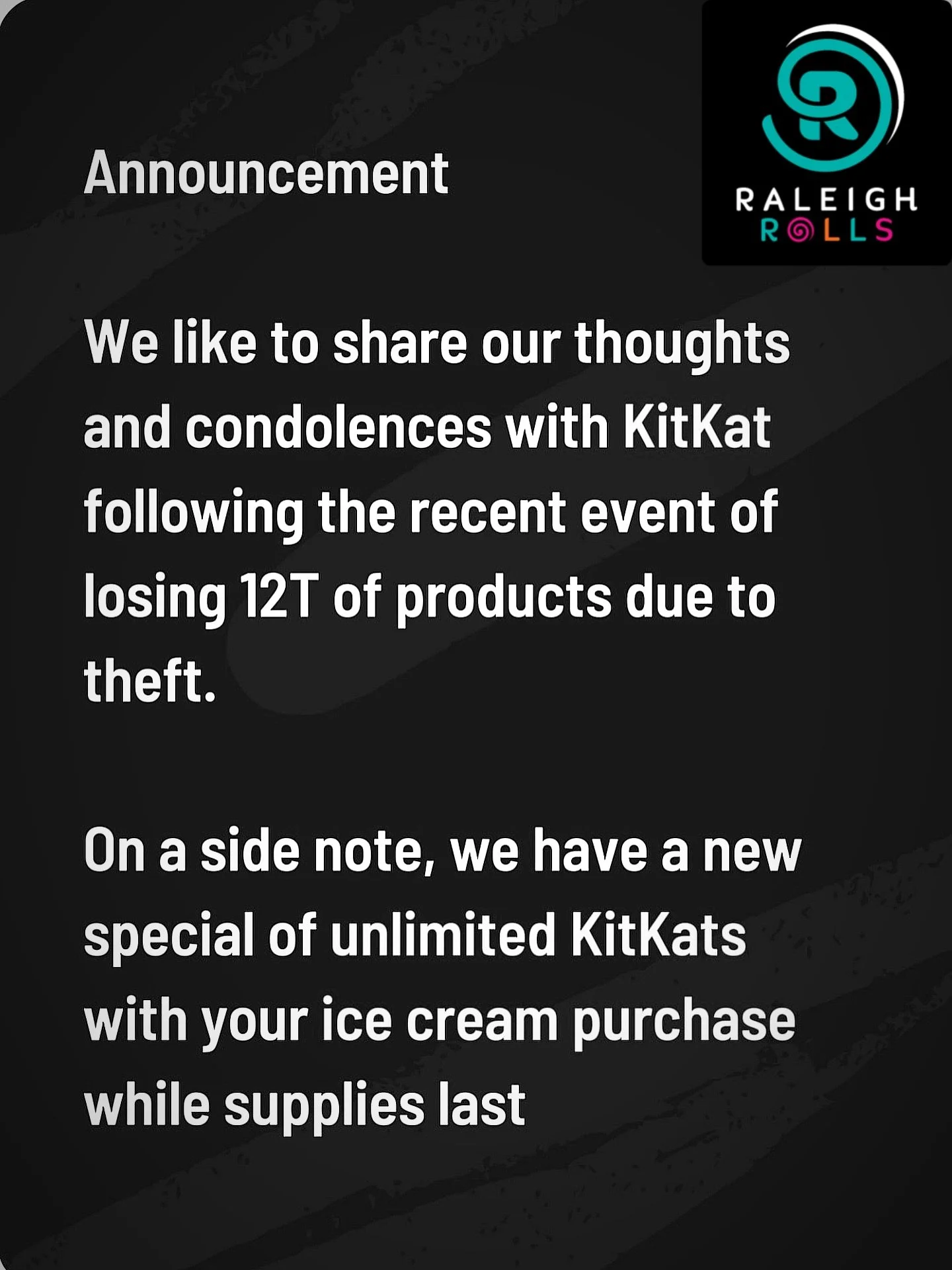 We feel horrible for @kitkat ,but man, this special is lit 🔥 #kitkat #raleigh #yummy #dessert #raleighfoodies (April&rsquo;s fool, we didn&rsquo;t really steal the KitKats and the special is not real 🤫🤫)