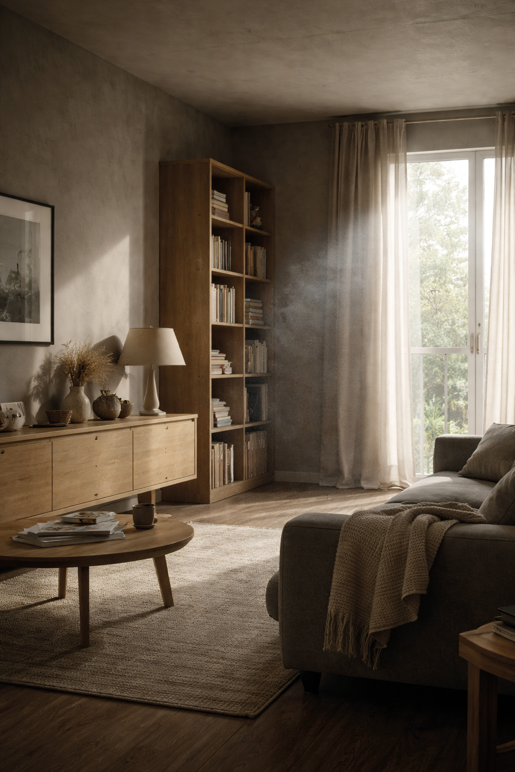 Ett vardagsrum med stor fönsterdörr som släpper in dagsljus. Möbelsett i trä och en soffa med filt. Ett matbord med tidningshögar och kopp, och en bokhylla fylld med böcker.