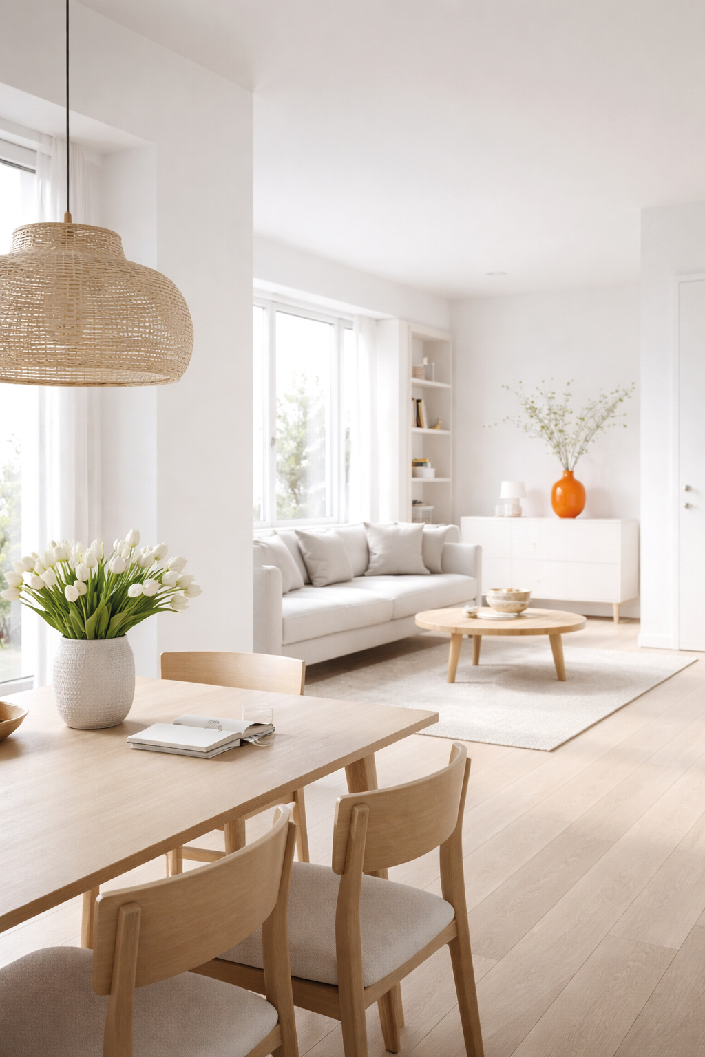 Ett ljust och minimalistiskt vardagsrum med vita väggar och möbler, inklusive en vit soffa med kuddar, ett runt soffbord, en bokhylla, en vit skänk med en orange vas och gröna kvistar, samt ett matbord med en blomsterarrangemang av vita tulpaner.