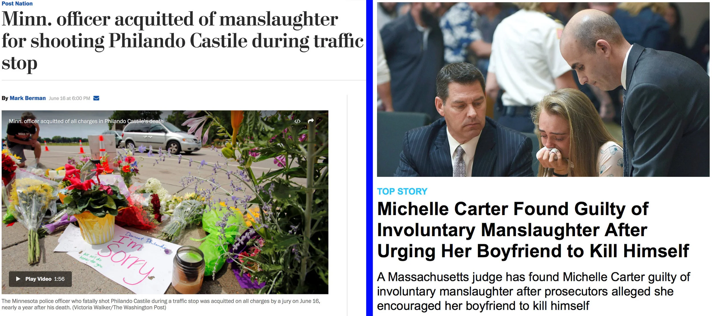 These two headlines came out the same day. An officer who shot a man to death who had done nothing wrong and was obeying commands was acquitted, while a civilian woman who told her suicidal boyfriend to go ahead and kill himself was convicted. Justice is supposed to be blind. It isn't.