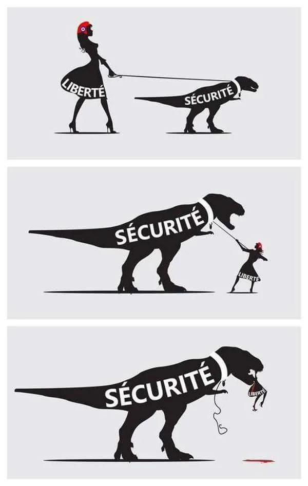 This accurately illustrates the problem when any society begins to allow the government leeway with domestic security. With the USA PATRIOT Act of 2001, American liberty was quickly swallowed by this overriding push for "security." We need to re-prioritize because this cannot be "the land of the free" or "the home of the brave" if we're too scared to allow our fellow Americans their freedom.