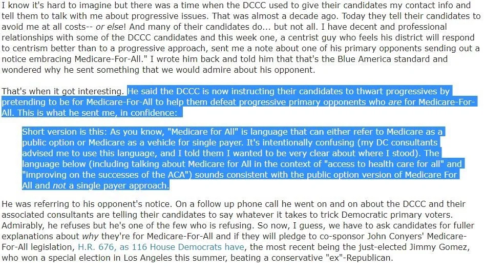 This was written and posted  here  by Blue America, which is a progressive non-profit that supports progressive candidates. It looks like the Democrats haven't learned a lot since Hillary lost to Trump, or for that matter since they've lost over 1000 legislative and executive seats over the last 10 years.