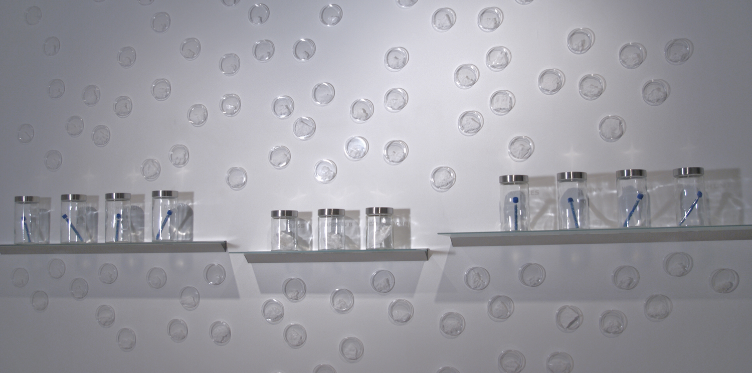 Ablation (detail) Mixed media with jars, petri dishes, grown salt crystals, copper sulfate crystals 9' x 11' x 8" 2007