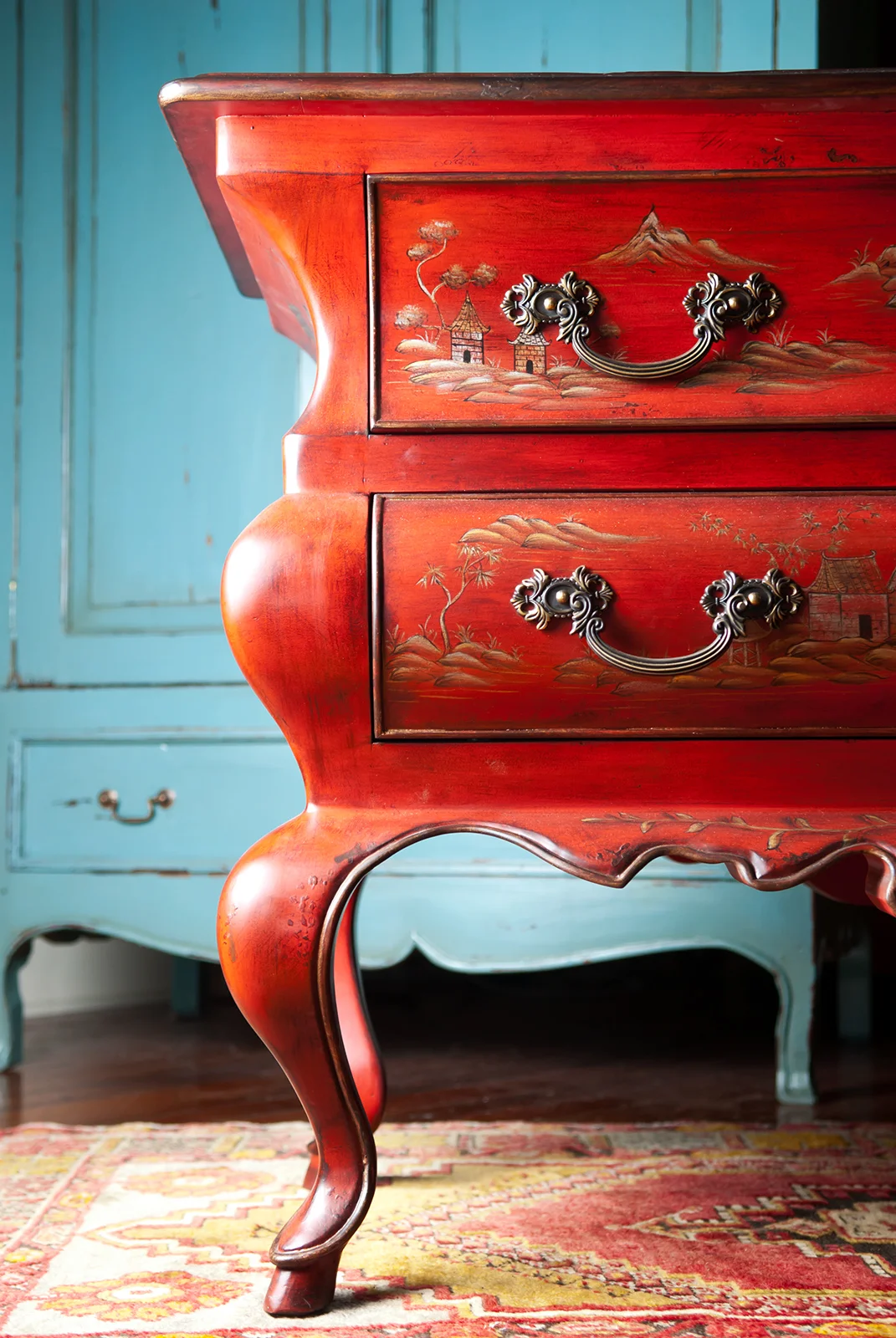 Bombay chest accentuated with curved legs and French Provincial armoire add softness to linear spaces. Design Thought: If a bedroom is small and additional drawers and cubbyholes are needed, consider going vertical with an armoire or a highboy. They take up less floor space.