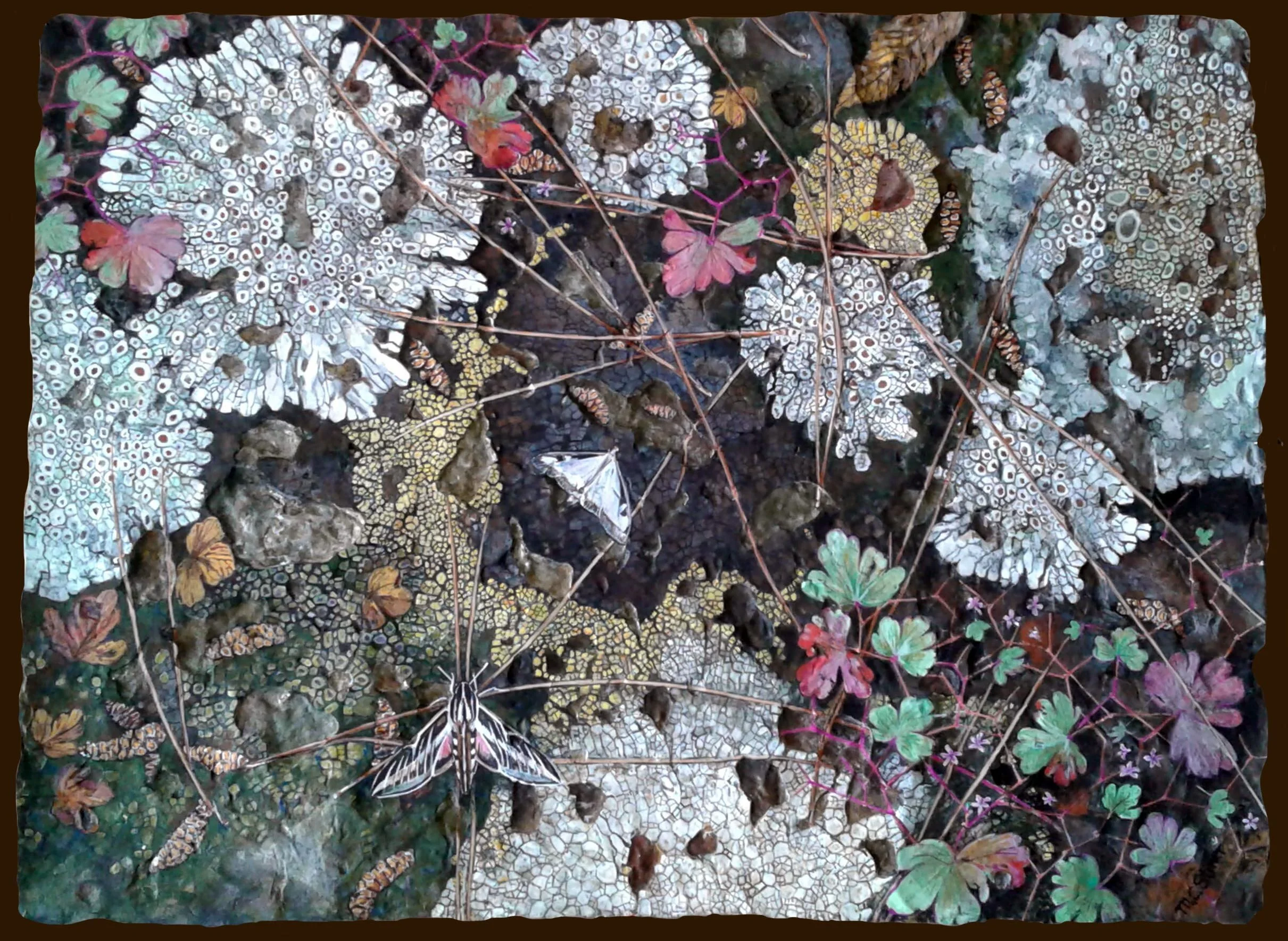 Lichens and geranium leaves in the pines (on textured paper) - MC Stiner