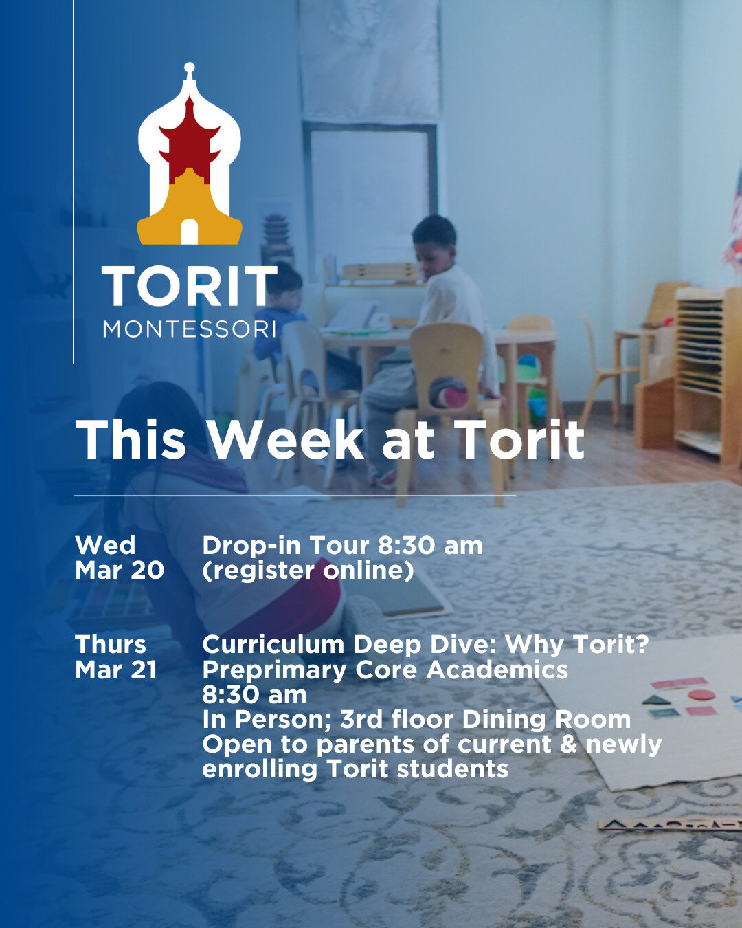 🌟 Exciting Week Ahead at Torit! 🌟

📅 Wednesday, March 20: Prospective families, join us for a drop-in tour starting at 8:30 am. Get a firsthand look at our vibrant learning environment and see why Torit is the perfect fit for your child. Register 