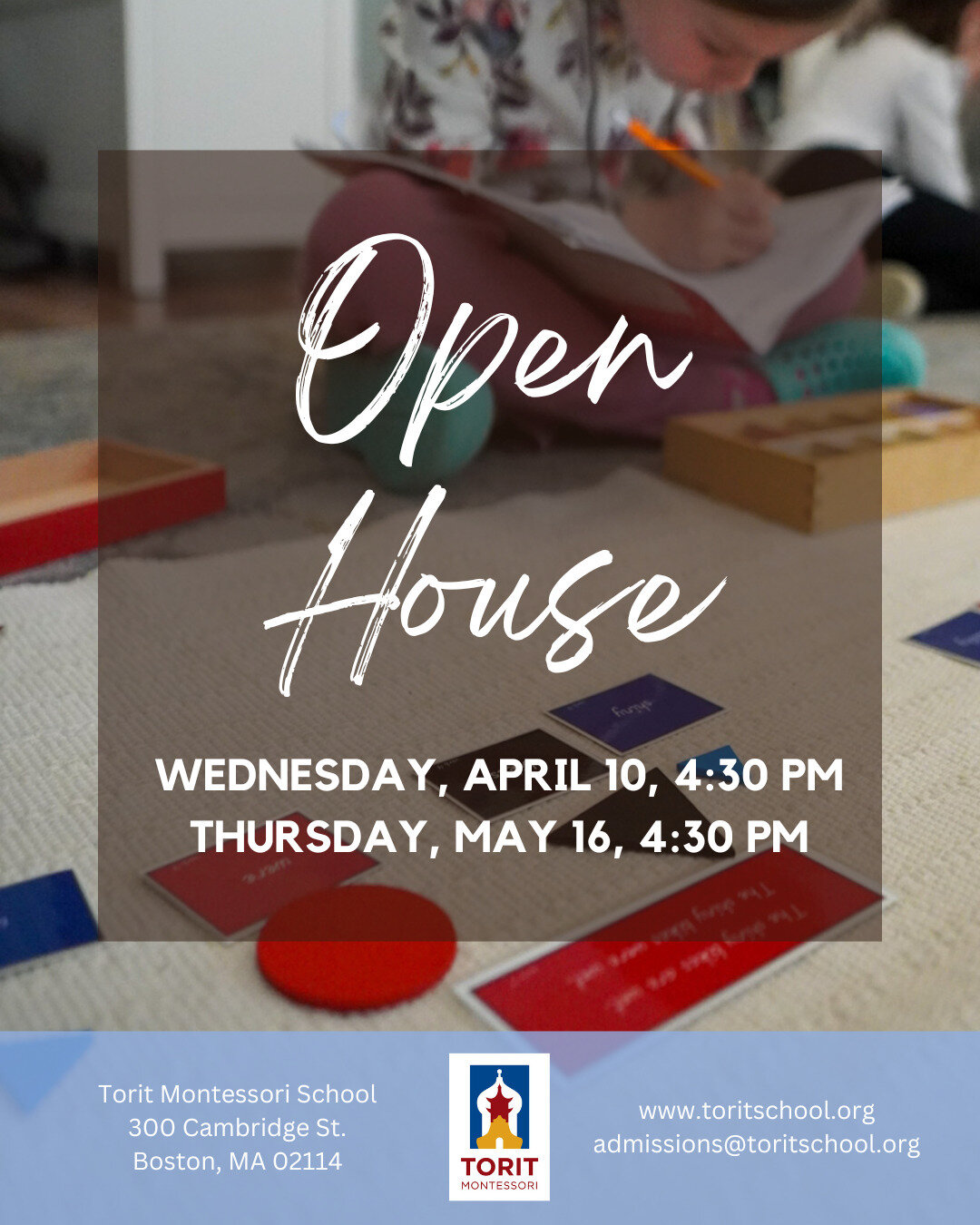🌷 Spring Open House dates are on the calendar! 🌼

Torit Montessori School invites you to learn more about our unique approach to Montessori education at our upcoming Spring Open Houses. 🌟✨

🗓️ Mark your calendars:
🌸 Wednesday, April 10th, 4:30-5