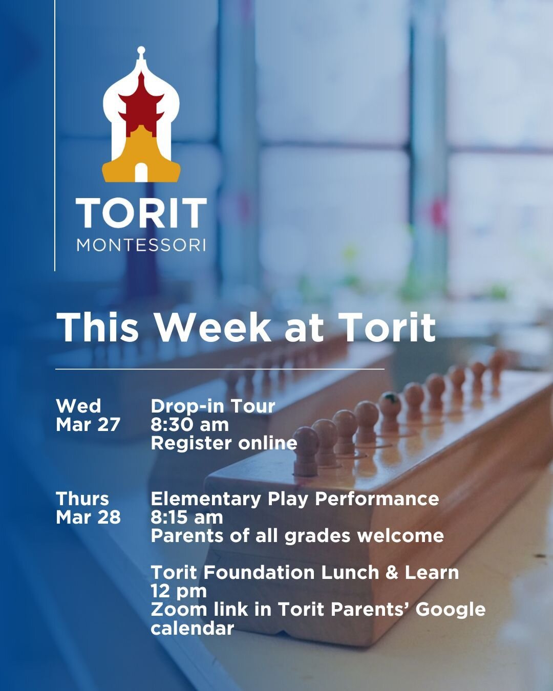 🌟 This Week at Torit 🌟

🗓️ Wednesday, March 27, 8:30 am: Prospective parents are invited to join us for a drop-in tour. Experience the Torit difference firsthand. Register online.

🎭 Thursday, March 28, 8:15 am: Don't miss the Elementary students