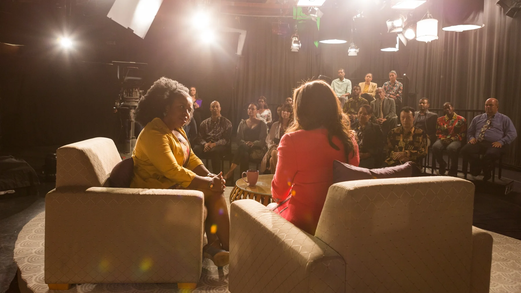 Talk show host Sally Rae (Vanessa Williams) blindsides Virginia (Uzo Aduba) during an interview.