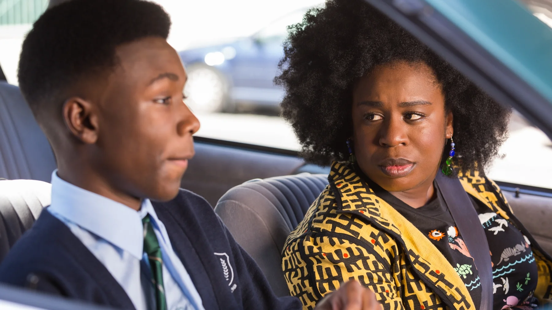 Virginia (Uzo Aduba) drives her son, James (Niles Fitch), to his new school.