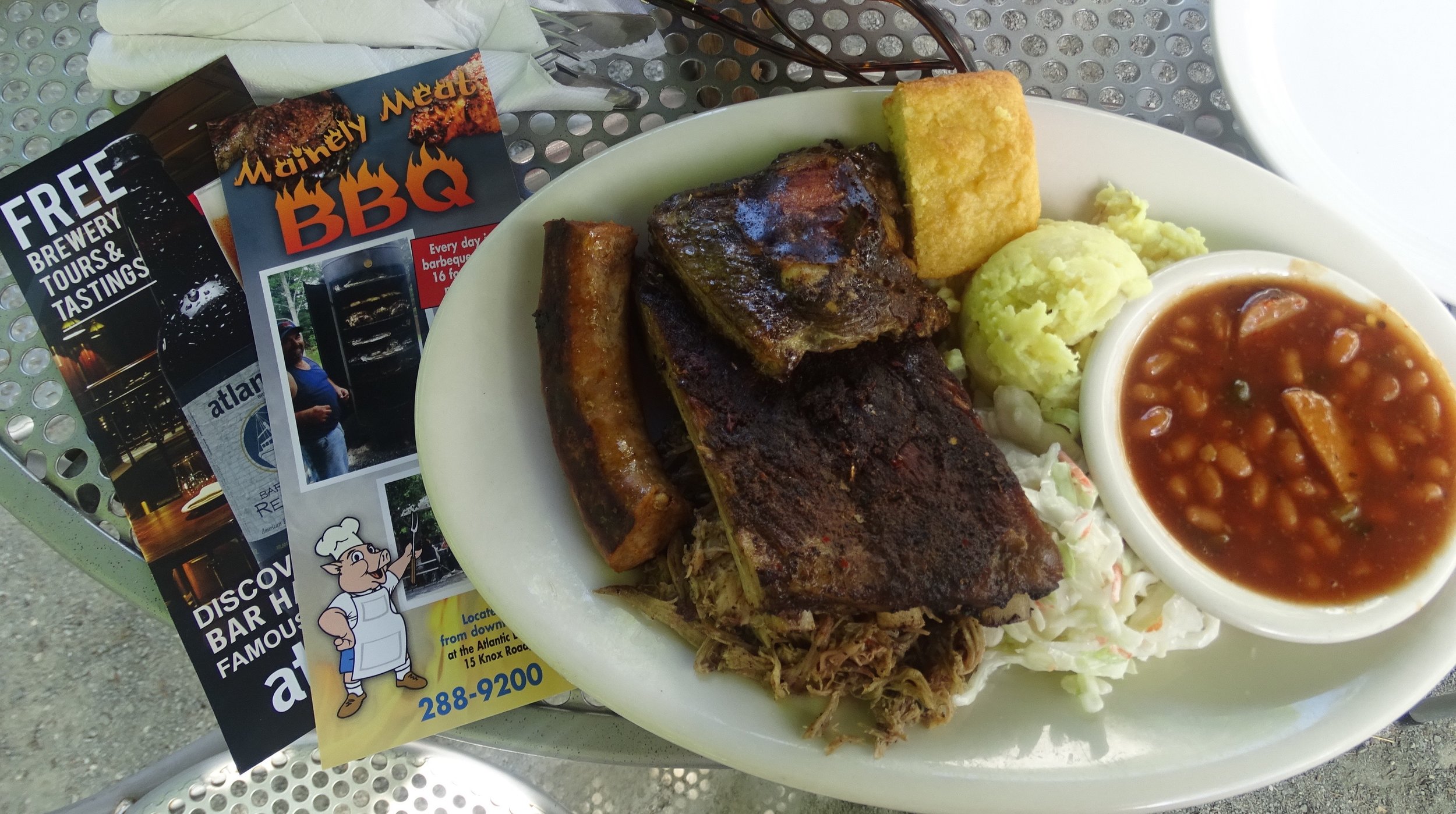 The sampler platter at Mainely Meat BBQ on the ground of Atlantic Brewing Company.