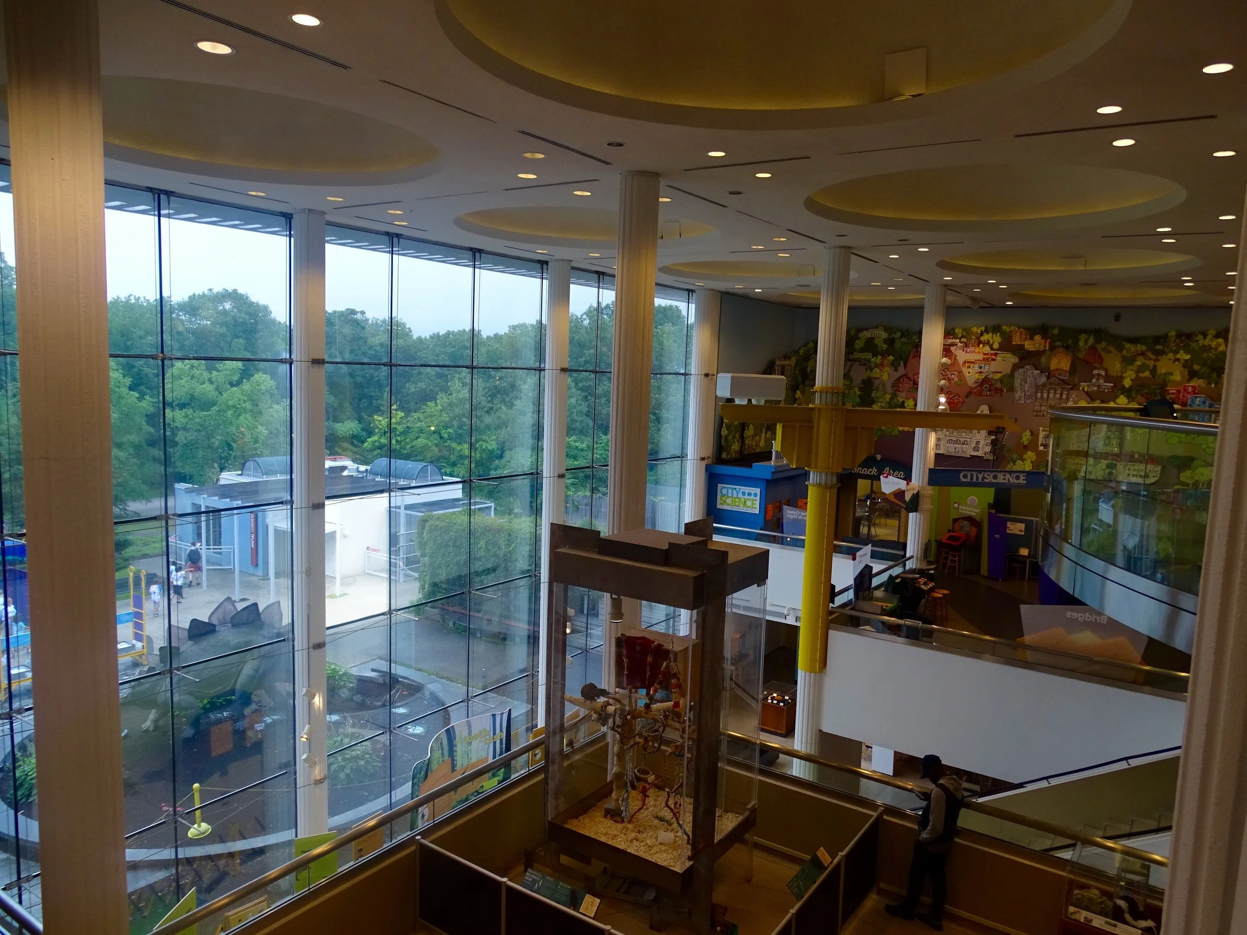 A view from the top level looking down, with the outdoor bubble area to the left.