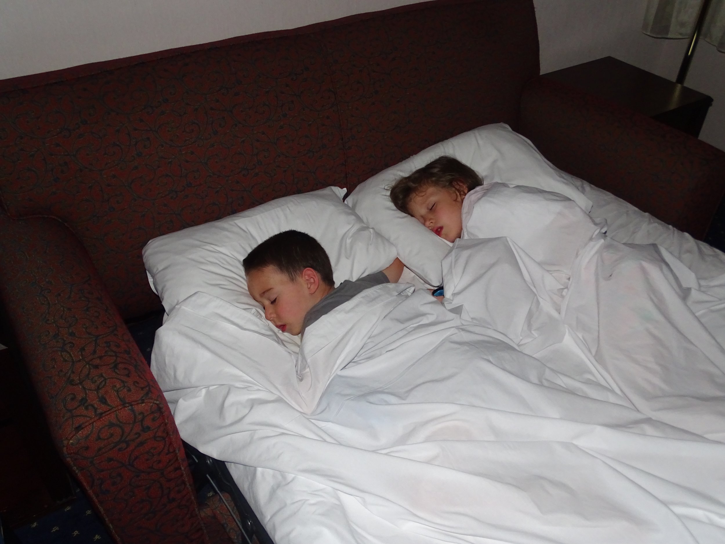 "Snug as two little bugs" in a cozy sofa bed- the ONLY "bugs" I have ever found at a Marriott hotel.