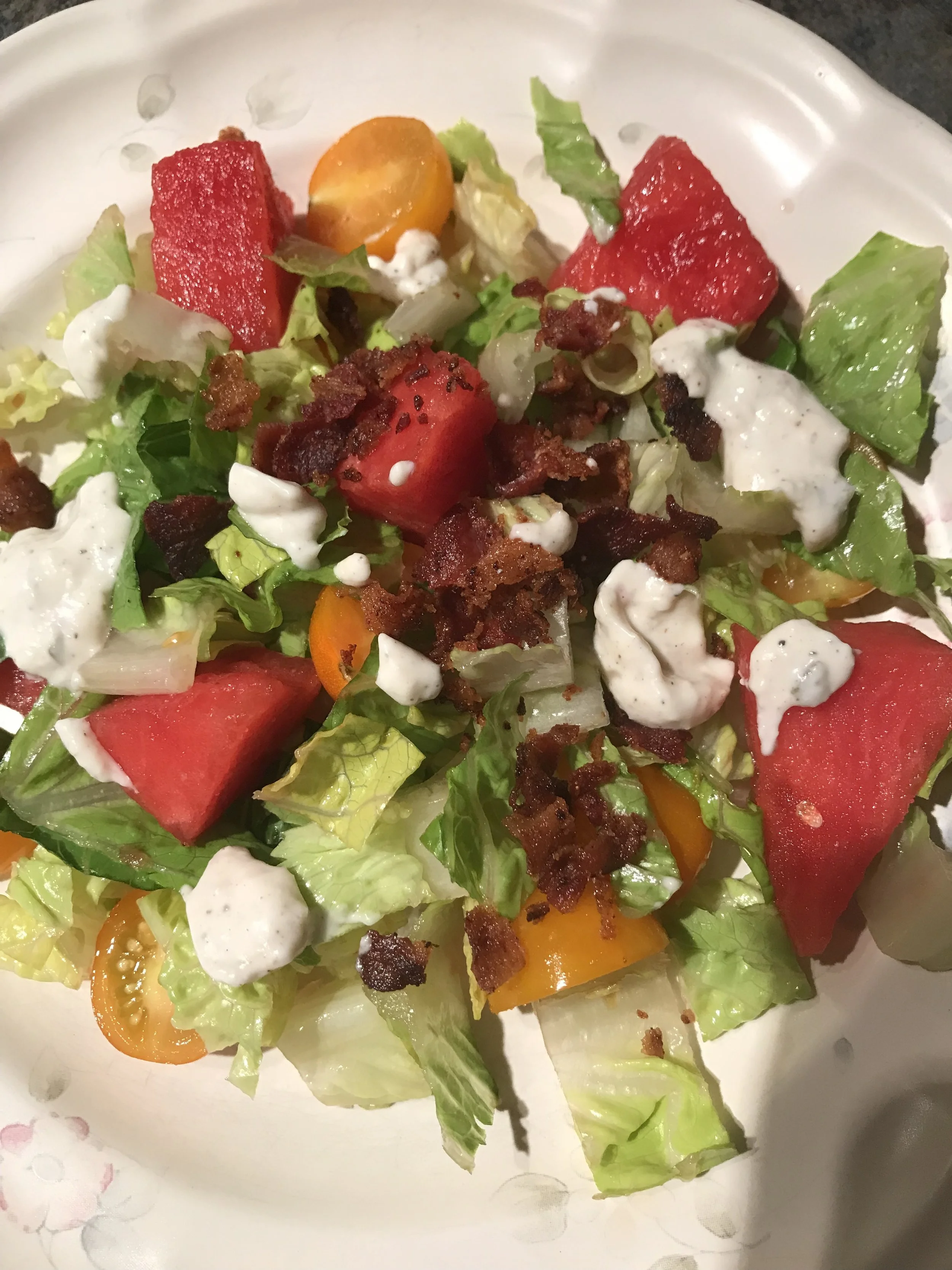 Bacon, Lettuce, Tomato, and Watermelon Panzanella Salad