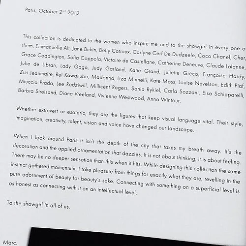 Marc Jacobs' farewell letter recieved by people attending the show.