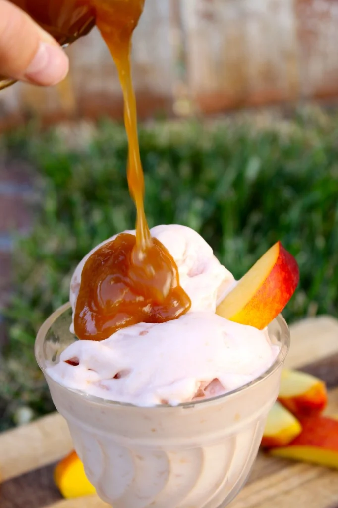Roasted Peaches N' Cream Ice Cream w/ Caramel Sauce