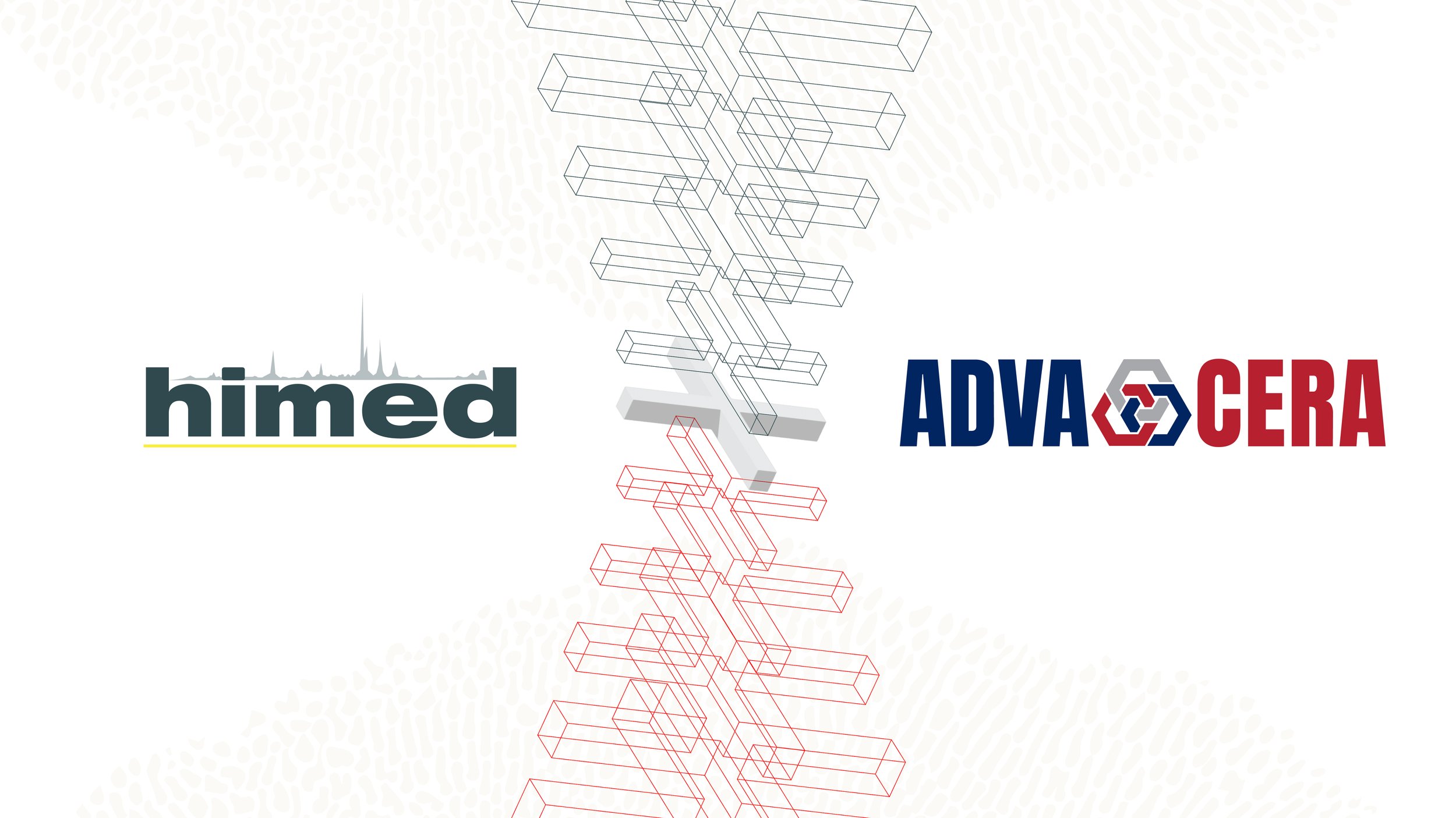 Logos for Himed and Adva Cera are separated by a plus symbol that emits a radiating and growing series of wireframe forms