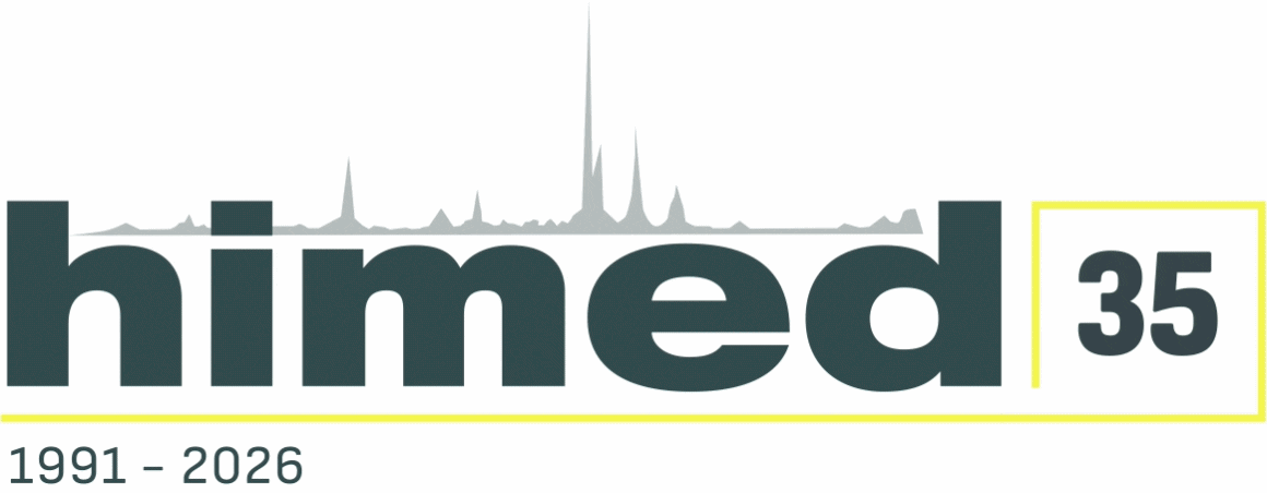 35th anniversary logo for Himed with animated bioceramic particles scrolling in a sequence along with their corresponding scientific names