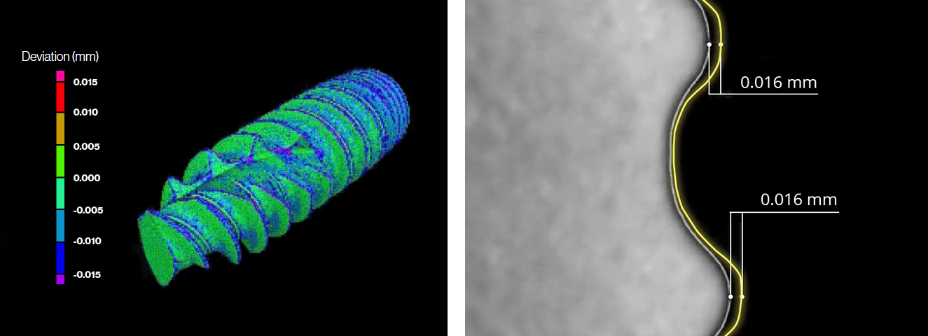 Scientific images of threaded medical implant designs showing impact of micro abrasive blasting on implant shape